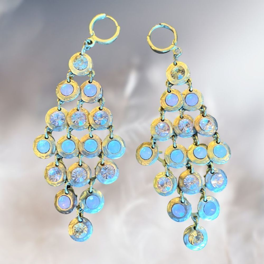 Pink and White round gem rhinestone gold cascade earrings